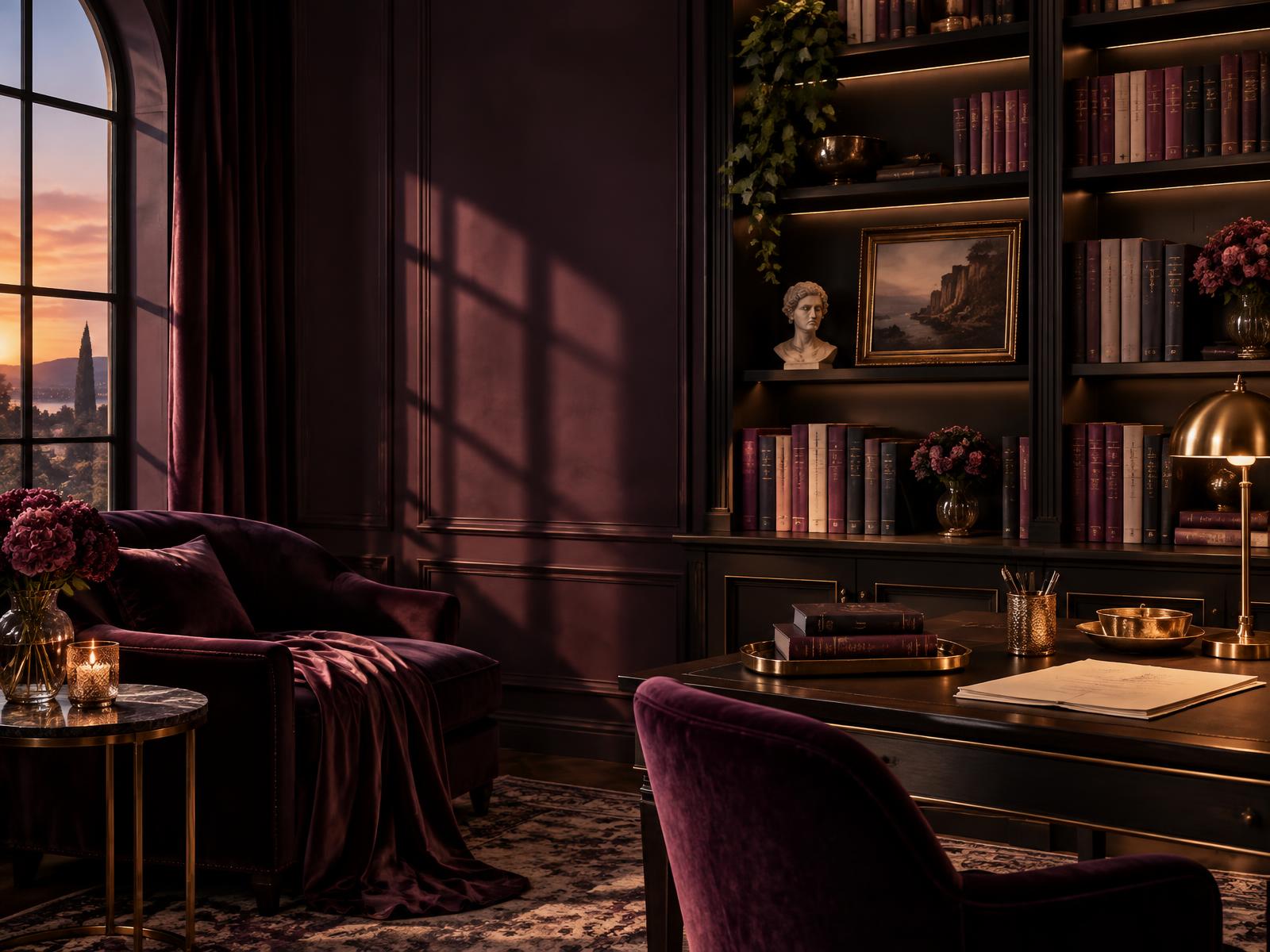 A candlelit private library prepared for a romance novelist